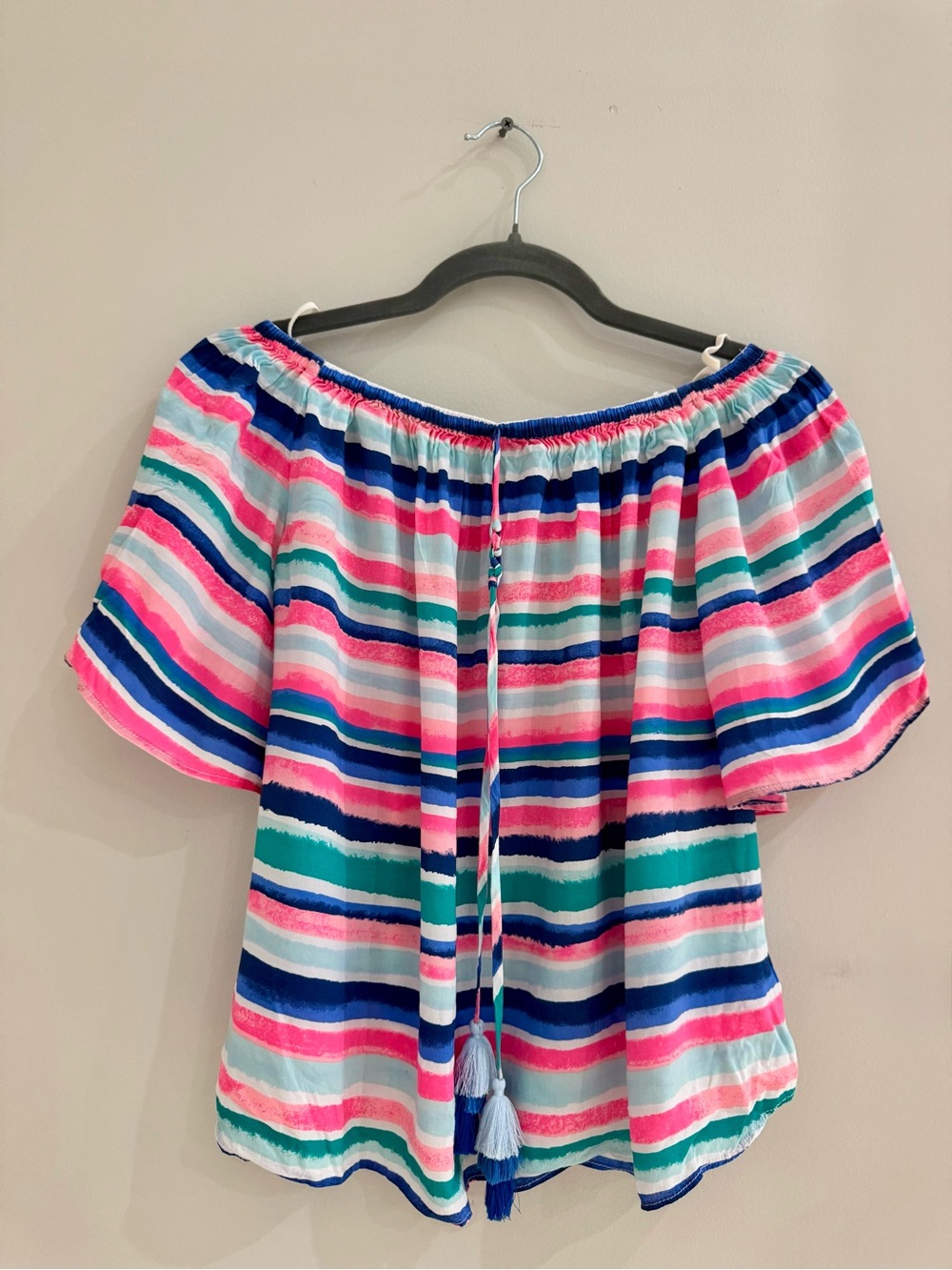 Lilly Pulitzer Sain Off Shoulder Top Sandy Shell Stripe Tassel Flutter Sleeve